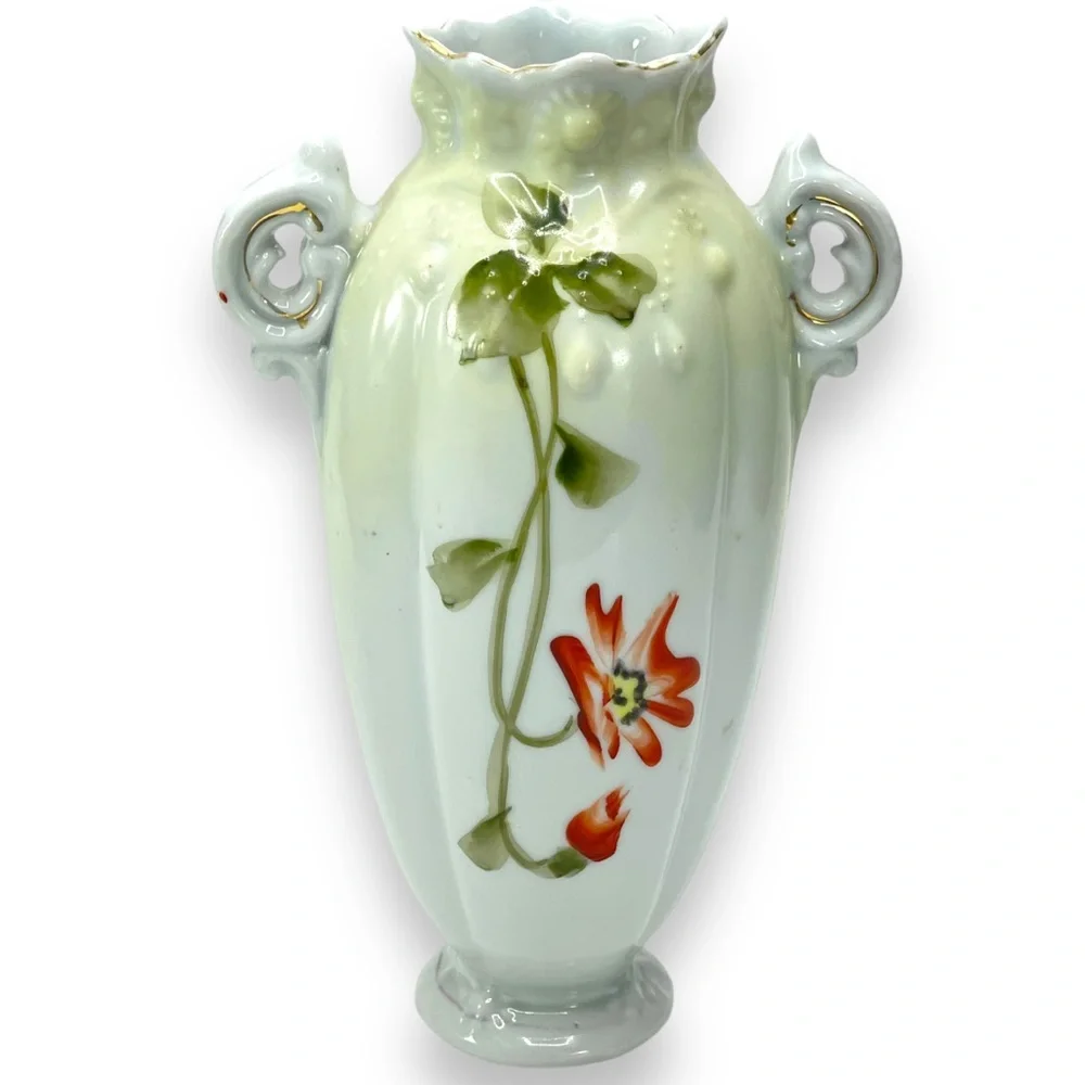 Nippon Hand-Painted Porcelian 2 Handle Vase Floral Lake  Pattern & Gold Trim